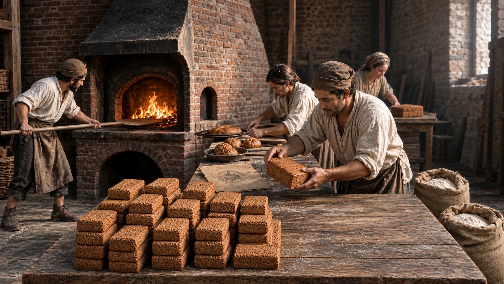 Illustratie: bakkers bij een houtoven, met stapels Deventer koek op tafel