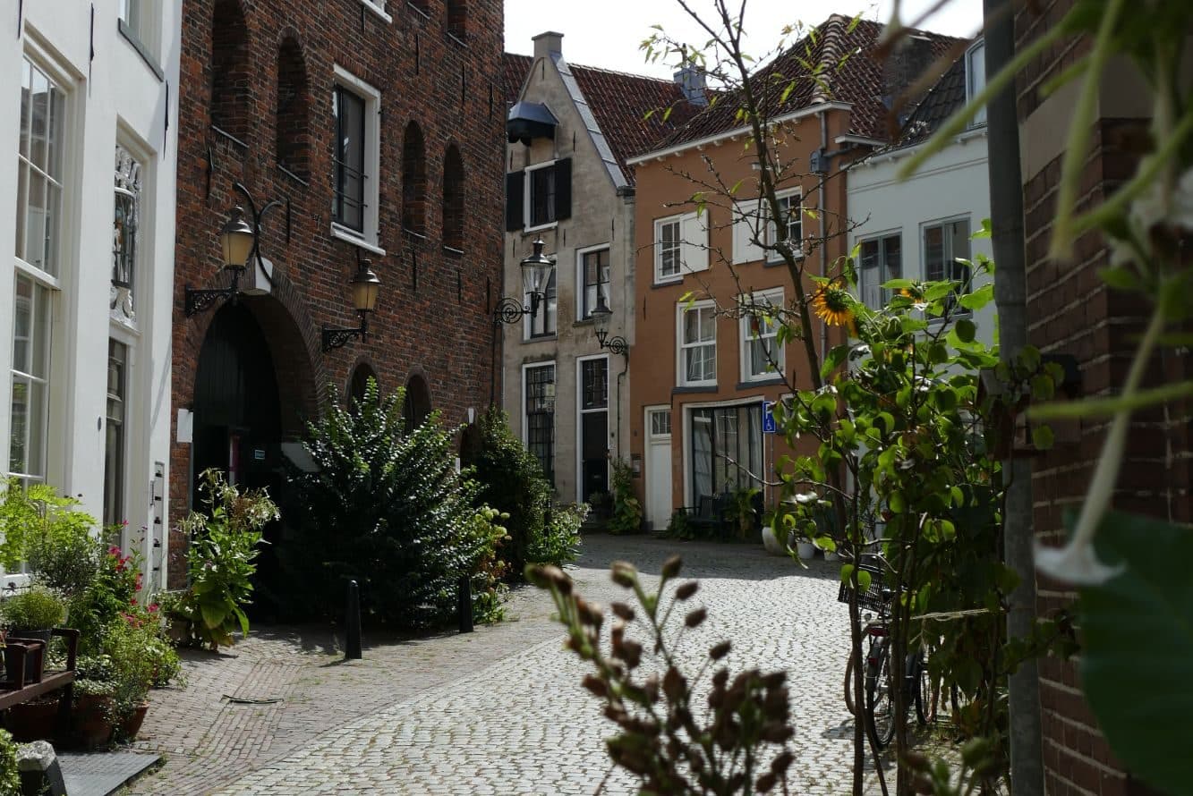 Straatje met kinderkopjes, oude gevels en planten in de binnenstad van Deventer