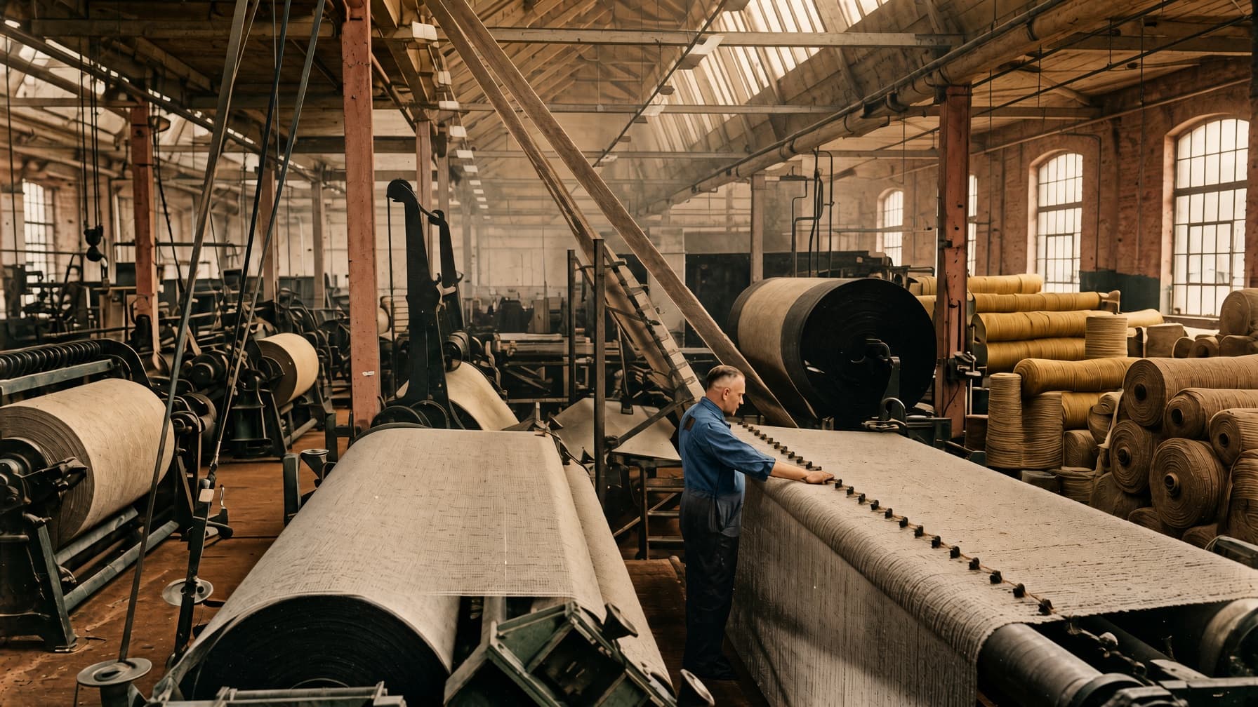 Illustratie: weefgetouwen en rollen jute in een oude fabriekshal